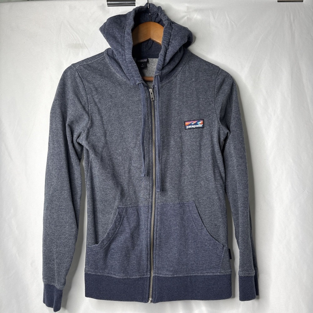 Patagonia Womens S Hoodie Blue Board Short Label Full Zip Organic Cotton Casual